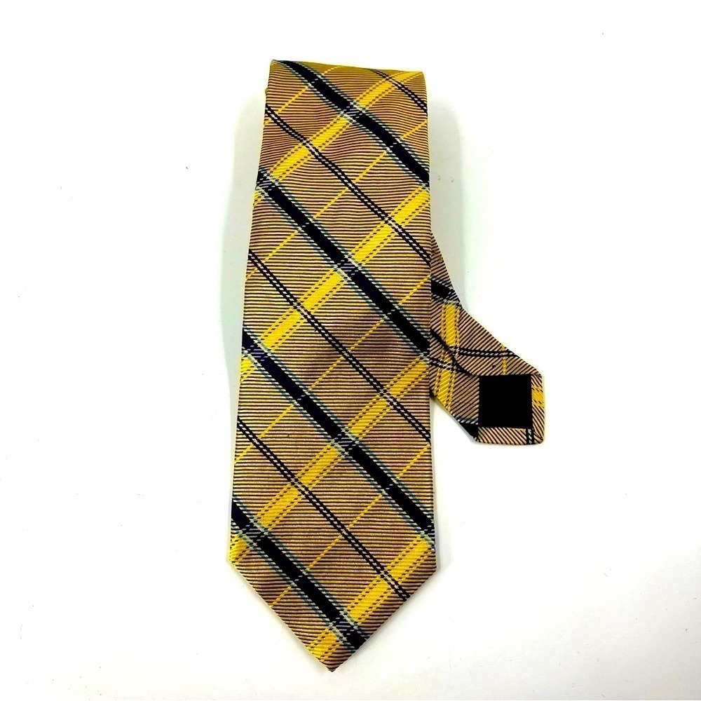 Brooks Brothers 346 Mens Silk Tie Gold Yellow Navy Blue‎ Plaid Necktie USA Made